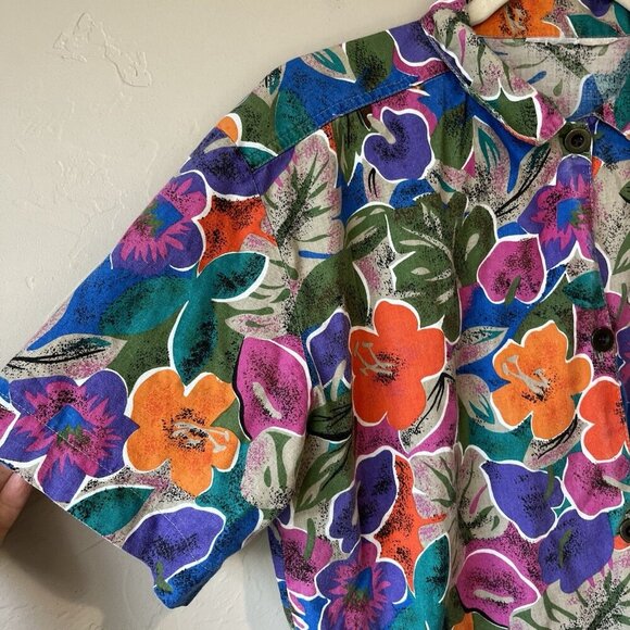 vintage hawaiian button up shirt Bright Colorful Festival Preppy Small Hibiscus - Picture 2 of 6